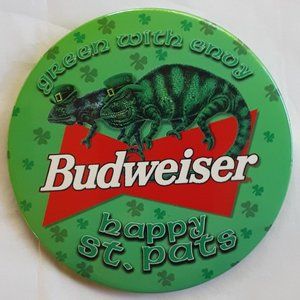 Rare Budweiser Pinback Pin Happy St. Pats Green With Envy Iguana Lizard Vintage